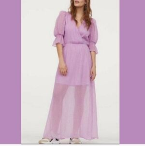 H&M Dress Womens Large Lavender Crinkle Puff Sleeve Wrap V Neck Maxi Boho Lined